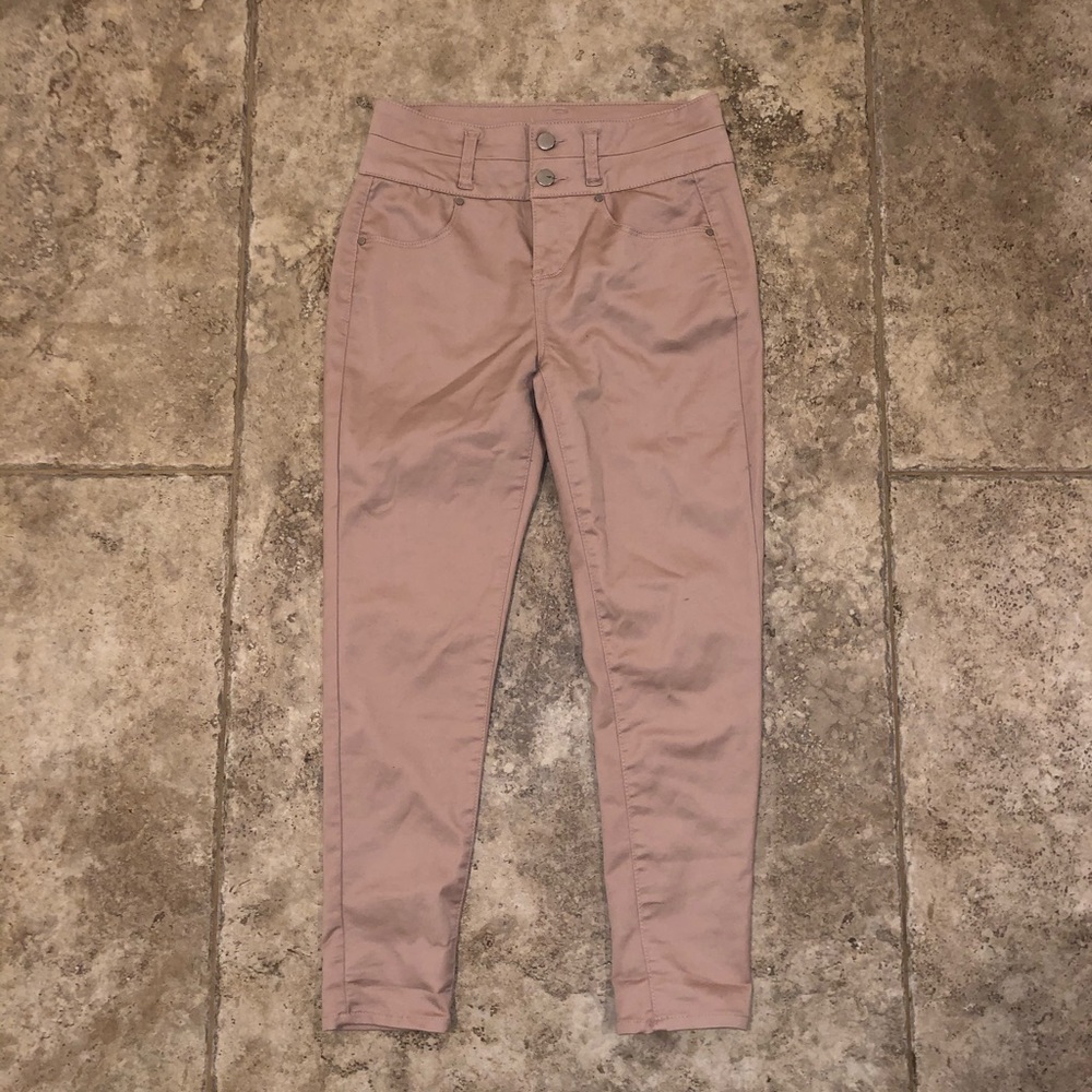 cropped rose gold colored jeans